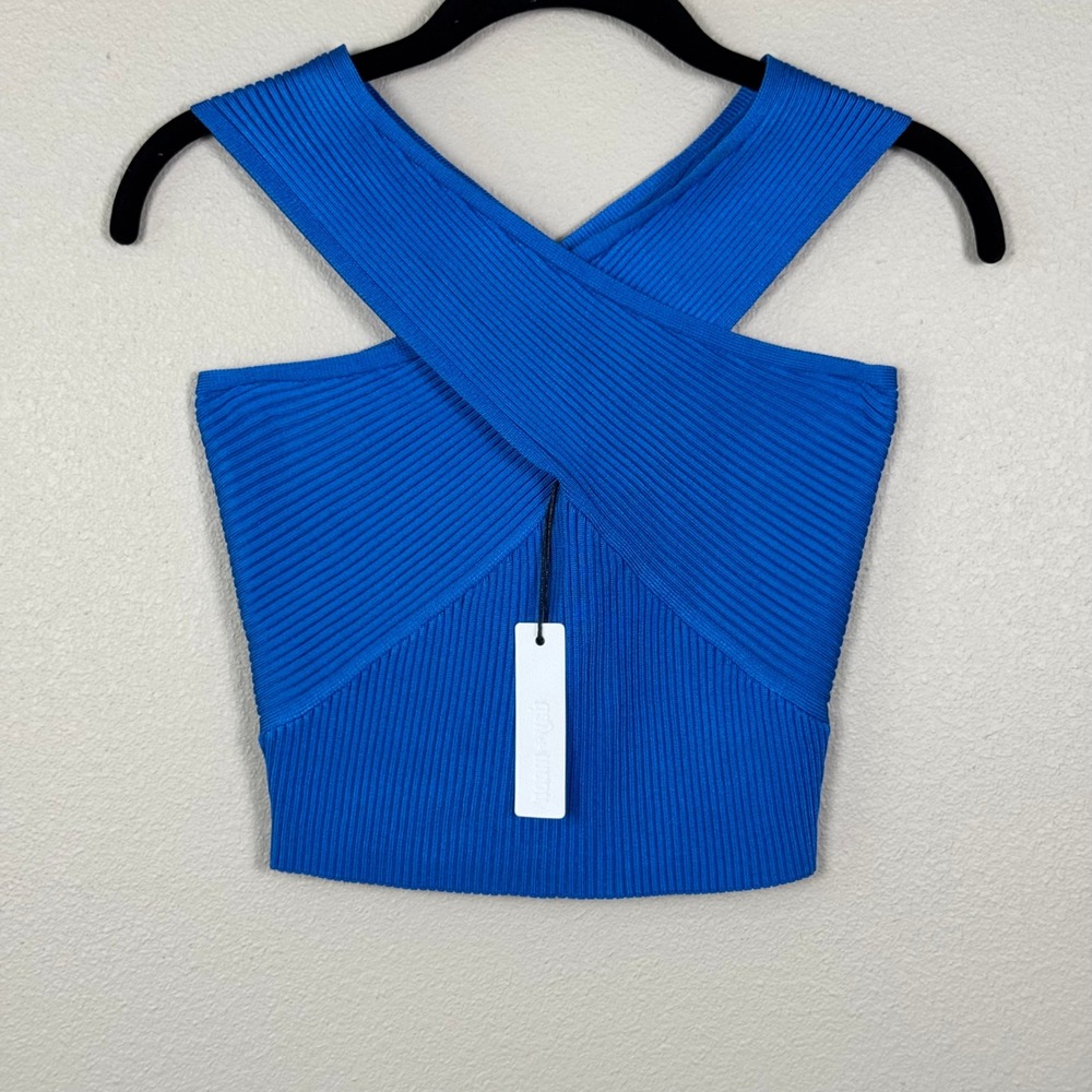 NWT Day + Moon rib knit cross-front crop top in a stunning electric cobalt blue